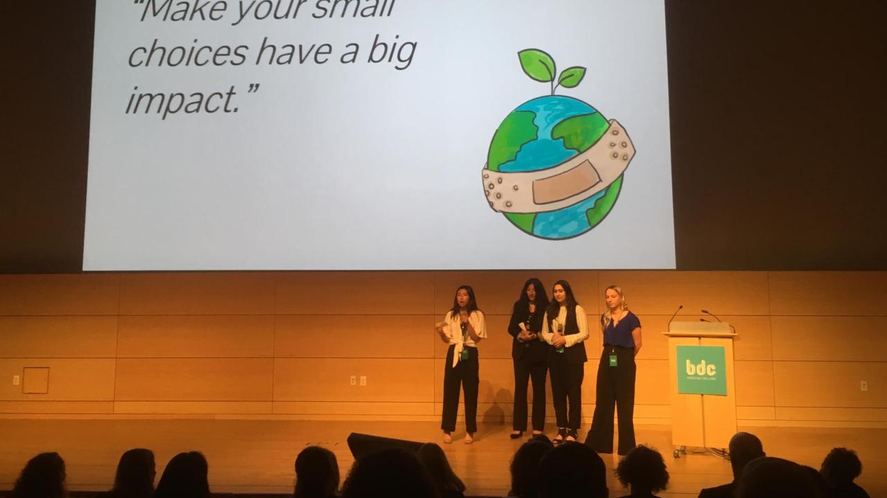 The 2019 BioDesign team presents their research at the BioDesign Challenge. in New York From left to right: Nealah Lee, Nadiah Mohammed, Sabah Khan, and Elisa Morillo.
