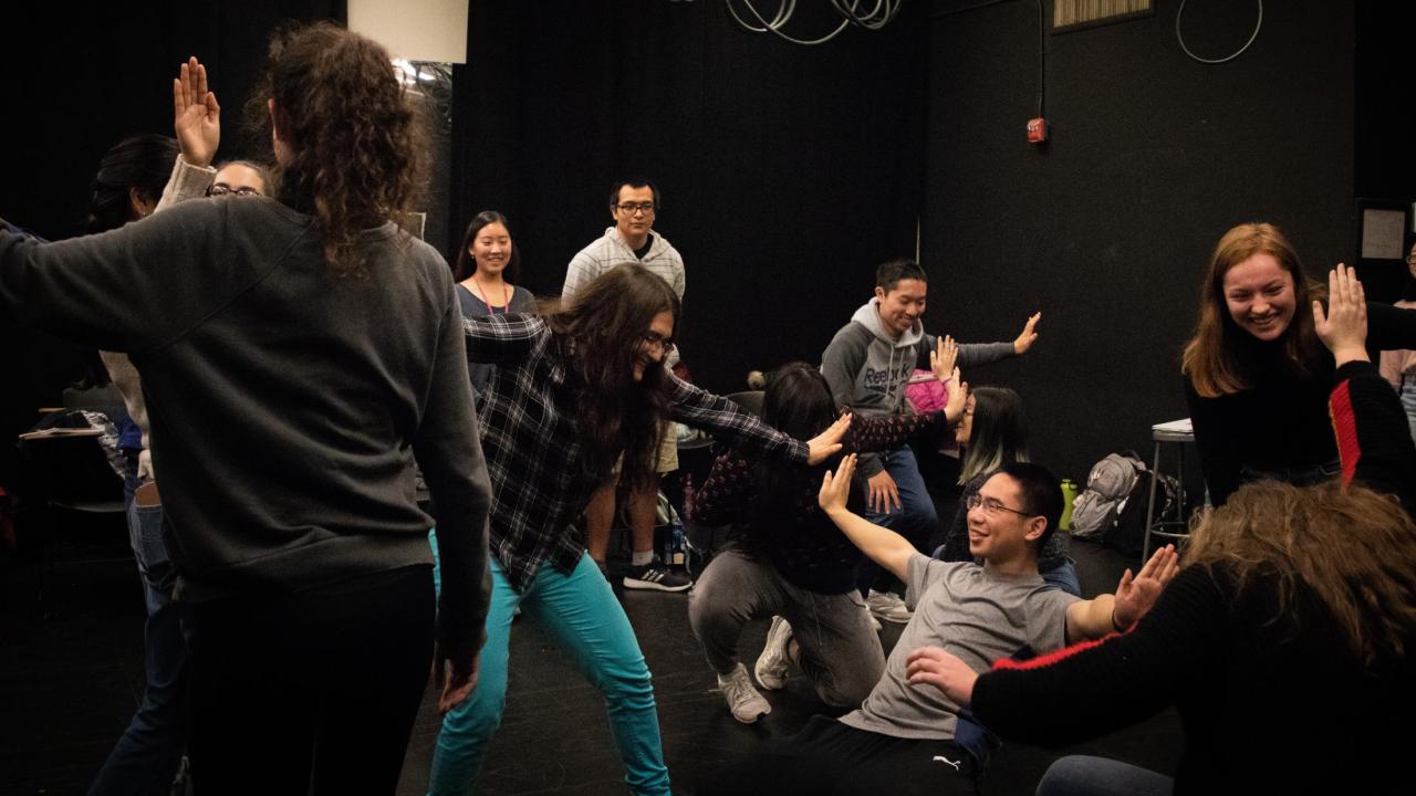 UHP students in Dr. Lawrence Bogad's Drama 1, one of UHP's interactive honors courses participating in a theatre exercise called "Colombian hypnosis." UHP students in Dr. Lawrence Bogad's Drama 1, one of UHP's interactive honors courses.