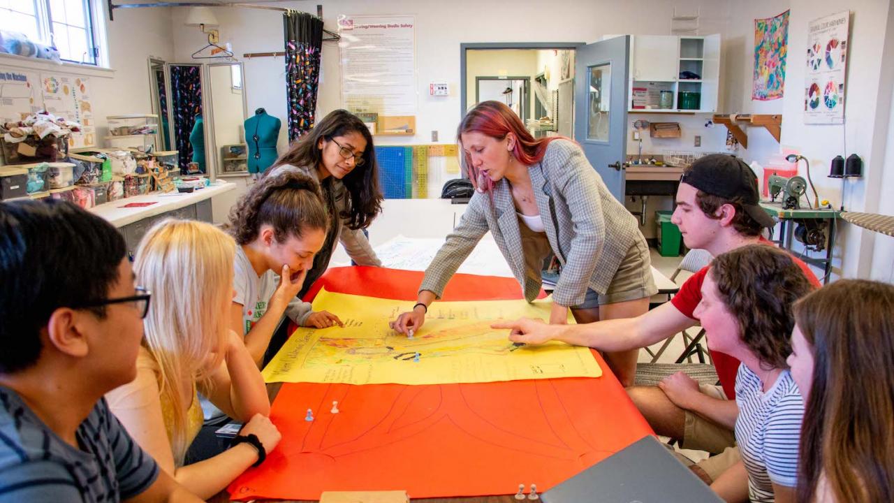 UC Davis University Honors Program Students gathered around a table creating a game in the Beta Lab