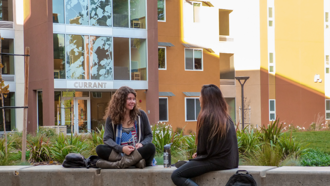 Students chatting outside of Currant Hall, the current Living Learning Community for the University Honors Program.