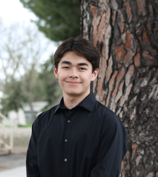 Young man portrait photo, slight smile, black shirt, standing by large tree outdoors